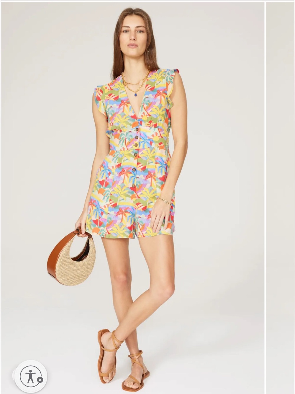 Marine Layer Camila Romper features a colorful tropical‎ palm print and a V-neck